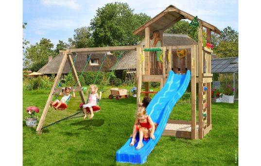 Lektorn Chalet 2.1, inkl. Swing modul, 120 kg sand, blå rutschkana - 