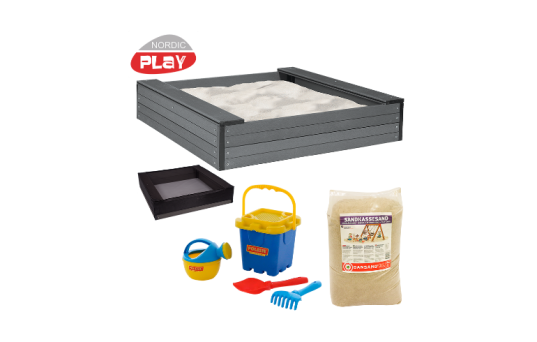 Sandlåda WPC, 120 x 120 cm, inkl. nät, 240 kg sand, blått strandset - 