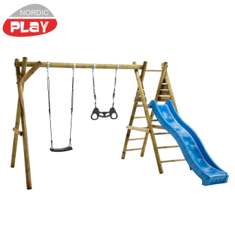 Gungställning, 1 svart gunga, 1 svart trapets, gungbeslag, inkl. blå rutschkana - 